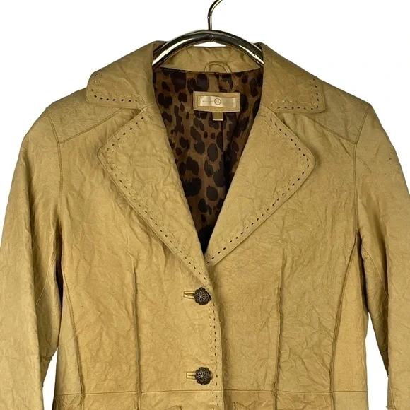 WILSONS LEATHER TAN DISTRESSED CRINKLE BUTTON DOWN NOTCH COLLAR BLAZER JACKET - Picture 6 of 15